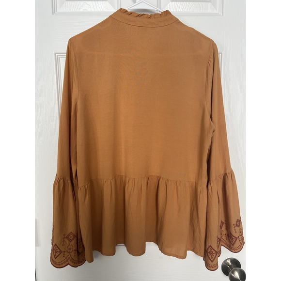 Womens Large Orange Red Embroidery Flare Sleeve Blouse Top Boho Festival Peasant - Picture 4 of 13